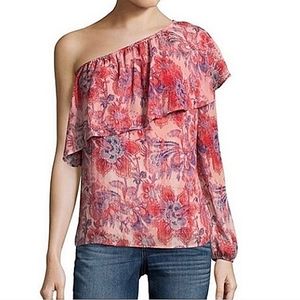 BELLE + SKY Ruffle Floral One-Shoulder Long Puff Sleeve Blouse Top EUC